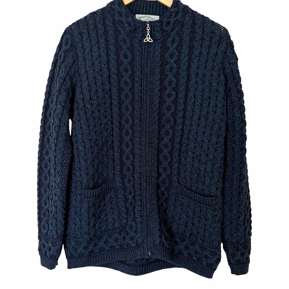 ARAN CRAFTS Ireland 100% Merino Wool Fisherman Cable-Knit Full Zip Cardigan,Med
